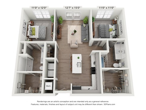 Floor plan for 2 beds, 2 baths, 1172 sqft